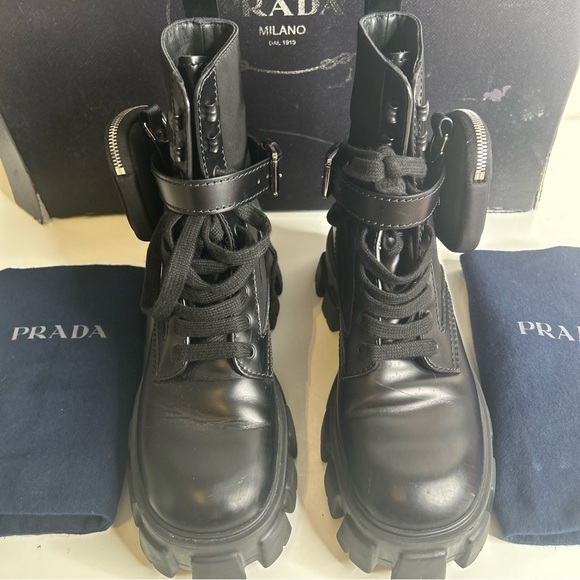 Prada Black Monolith Leather and Re-Nylon Pouch Combat Boots Size 6 - Picture 5 of 16
